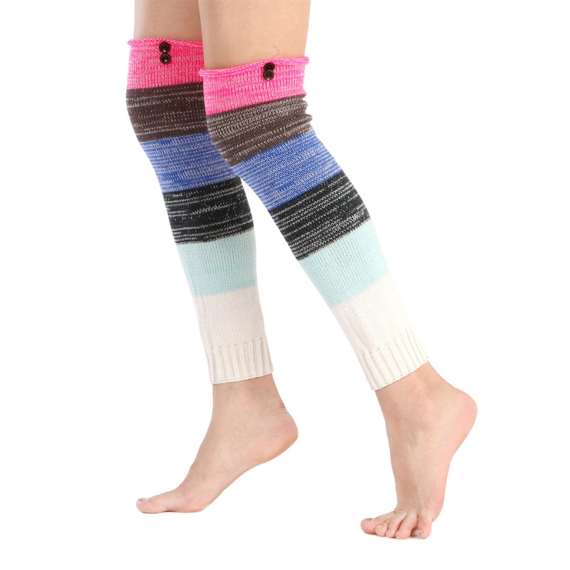 Xiangbao Phụ Nữ Dệt Kim Giữ Ấm Chân Siêu Dài Khâu Nút Màu Sắc Cầu Vồng Trang Trí Giày Bốt