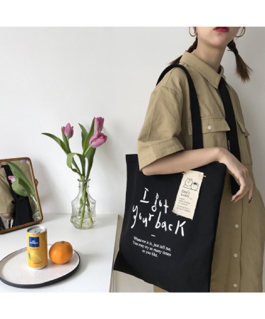 Túi vải túi tote canvas màu đen chữ ( Don’t Worry )