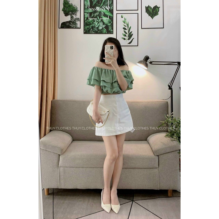 Set váy 2 món với áo kiểu nữ bệch vai phối nhúng tầng kèm chân váy chữ A có túi ôm dáng đẹp