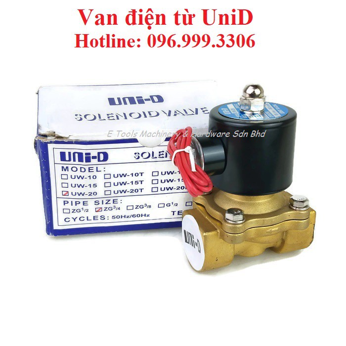 Van điện từ nước UniD đầy đủ kích cỡ ren UD8 UW15 UW20 UW25 UD10 cuộn coil đồng, thân đồng giá sỉ
