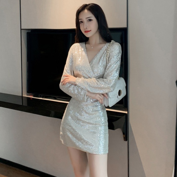 JANE'S Đầm dự tiệc tay dài hở lưng cổ tim đắp chéo BLING BLING (kèm ảnh cận chất) J0197