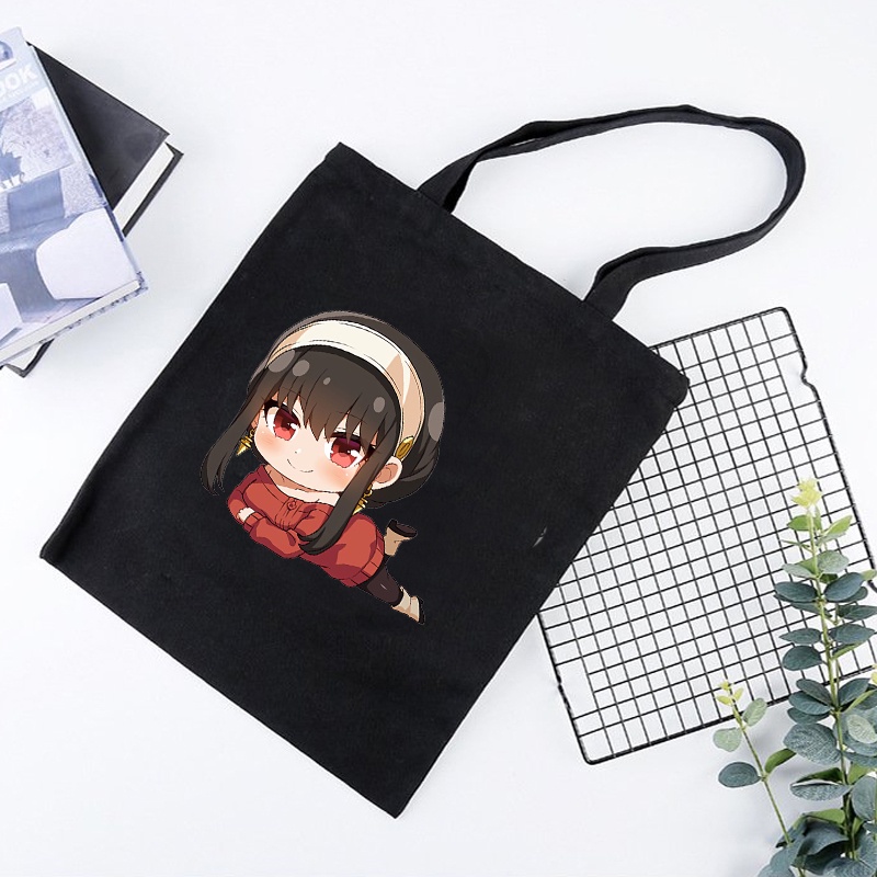 Túi tote vải đen trắng in hình SPY x Family ver nằm anime chibi dễ thương xinh xắn tiện lợi thời trang