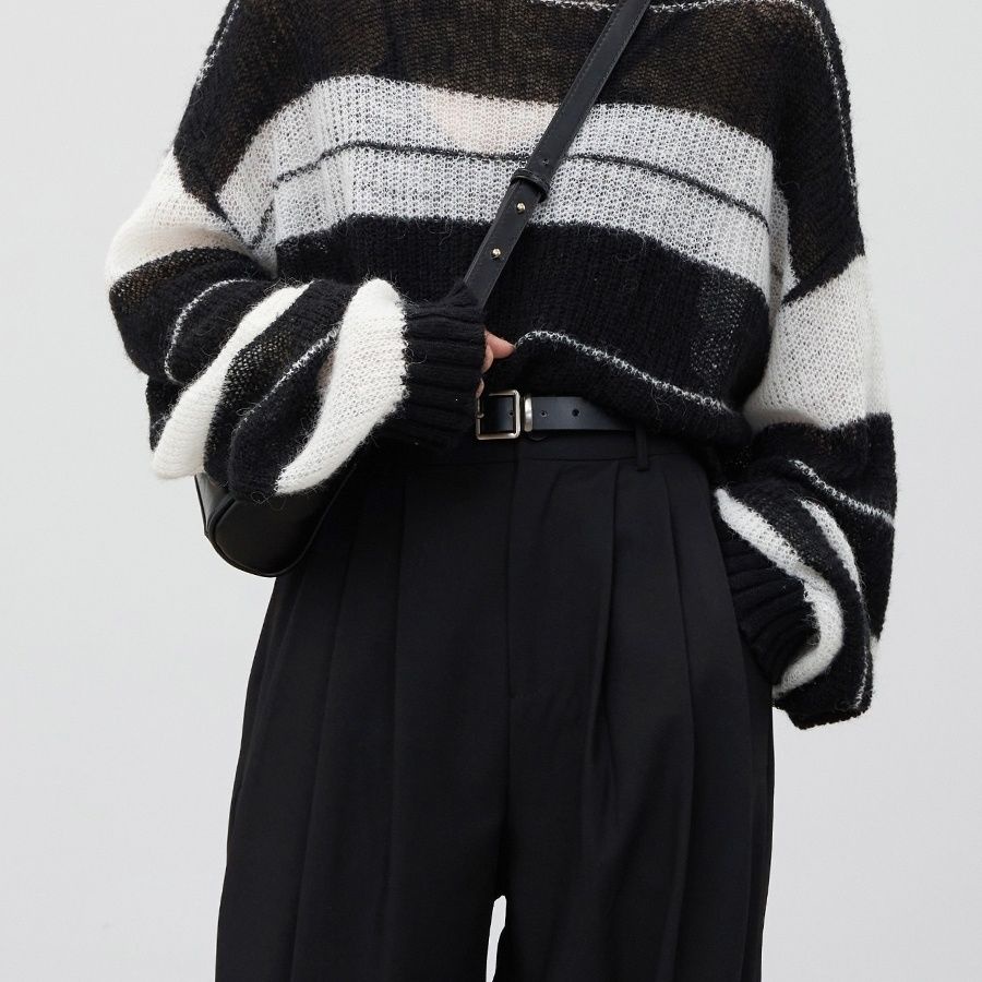 Áo Sweater Dệt Kim Tay Dài Dáng Rộng Cổ Đứng Kẻ Sọc Kiểu Hàn Quốc Thời Trang Xuân Thu Cho Nữ