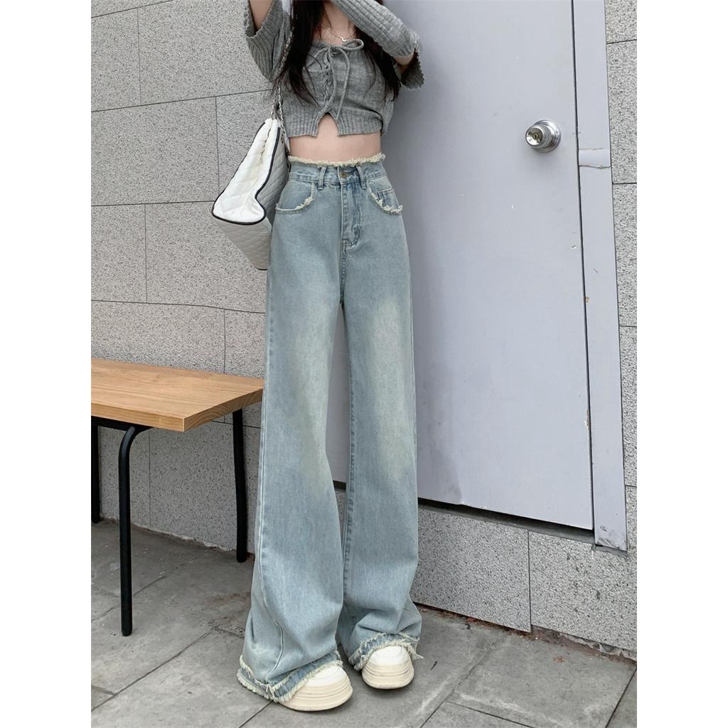 Quần Jeans Sờn Ống Rộng Cạp Cao Viền Tua Rua Phong Cách Mới 63618