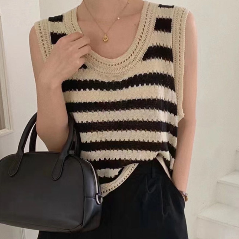 Áo Len Dệt Kim Sọc Rỗng 185245 Áo Hai Dây Cổ Chữ U Thời Trang Mùa Hè Phong Cách Retro