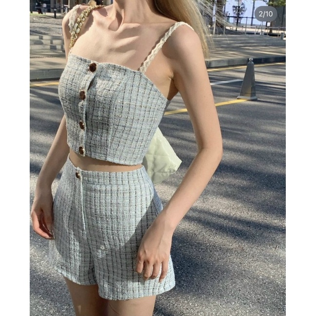 SET ÁO DẠ XANH 2 DÂY CROPTOP NÚT + QUẦN SHORT