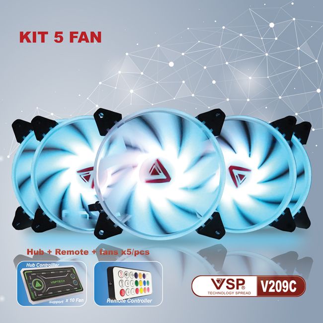 Quạt Tản Nhiệt, Fan Led RGB VSP V209C - Pack 5 Fan Đồng Bộ Hub + Remote - Kèm ốc vít | FAN CASE 120MM - CHÍNH HÃNG