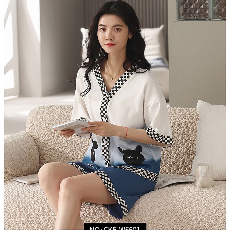 💃 Bộ Pyjama Nữ Phối Viền Caro Cộc Tay Ống Rộng 3 Màu