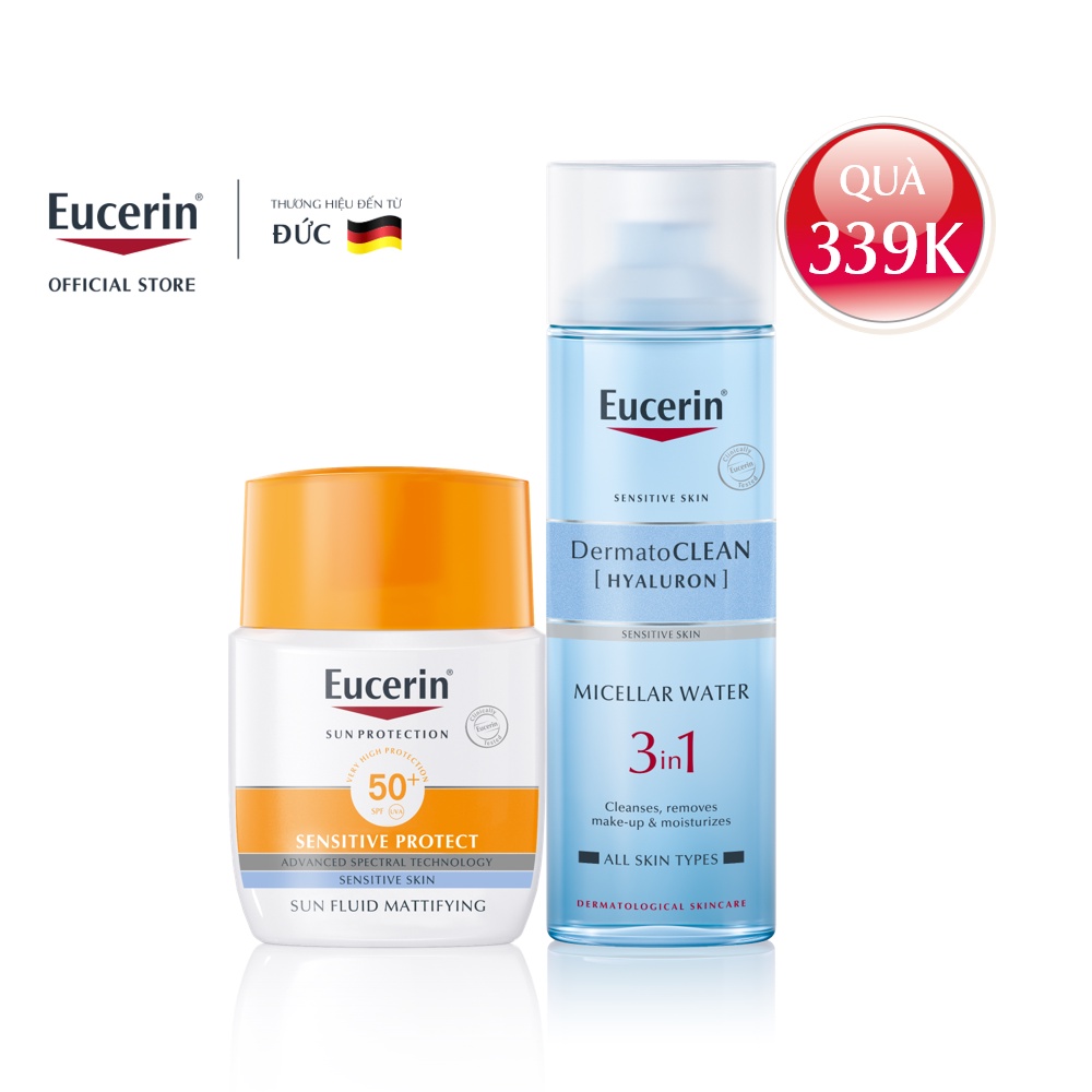 [Mua 1 tặng 1] Kem chống nắng Eucerin Sun Fluid Mattifying Face SPF50+ 50ml Tặng 01 Tẩy trang Dermato 3in1 200ml