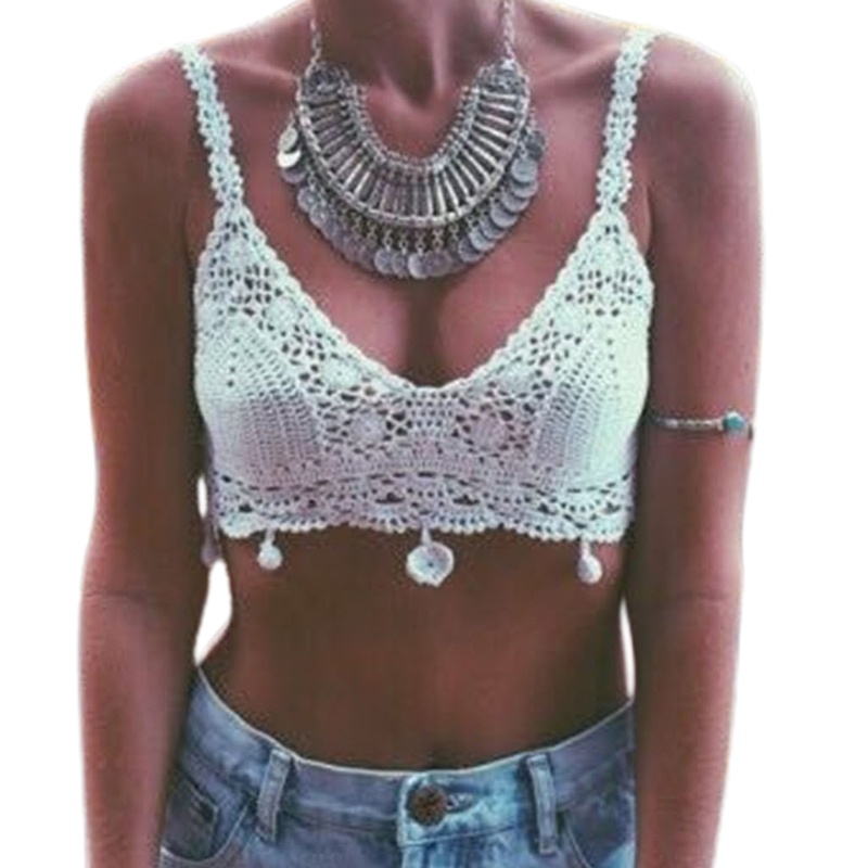 Áo Bikini Dệt Kim Cổ Chữ V Phối Tua Rua Phong Cách Boho Thời Trang Đi Biển Quyến Rũ Cho Nữ