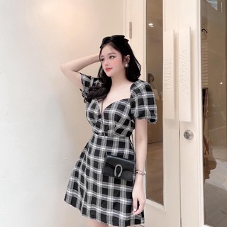 Váy kẻ caro ngực cúp tay bồng , chất đũi dệt sợi siêu mát | MeiMei Studio
