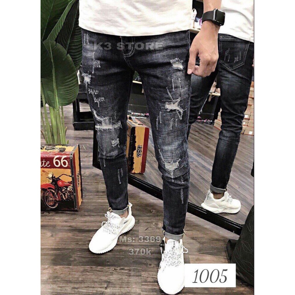 Quần jean nam cao cấp chất bò rách gối thêu logo khóa lệch co giãn mẫu mới nhất AHFASHION