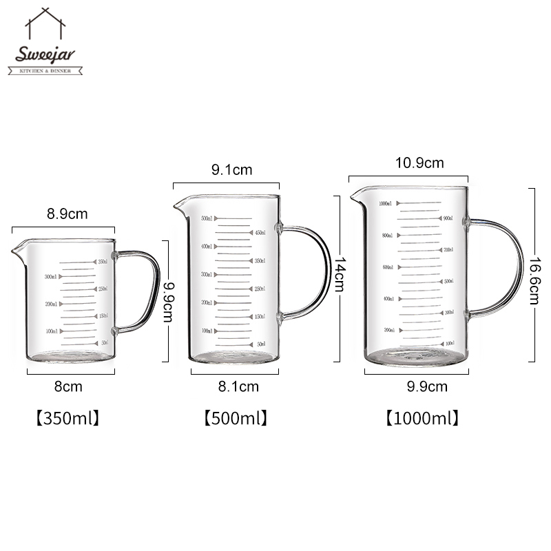 Cốc đong SWEEJAR bằng thủy tinh chịu nhiệt chống cháy nổ có thang đo và tay cầm đa năng tiện dụng