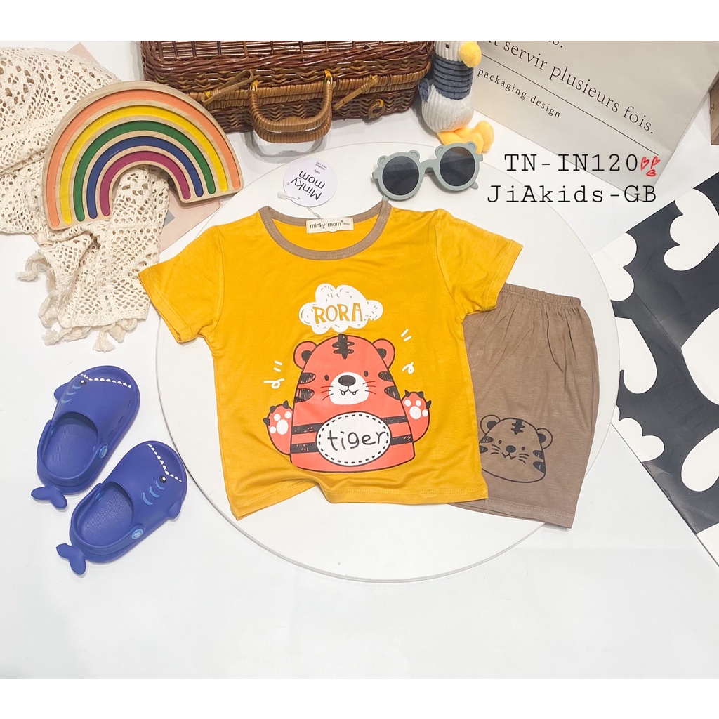 Bộ Ngắn Tay THUN LẠNH MINKY MOM In Hình Động Vật Phối Màu Áo Quần Cho Bé TN-IN120