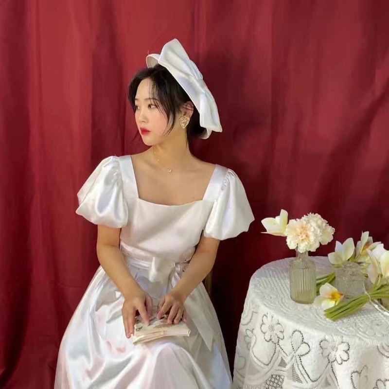 Đầm midi phi lụa trắng nữ tay phồng váy lửng xoè tiểu thư công chúa vintge ulzzang | BigBuy360 - bigbuy360.vn