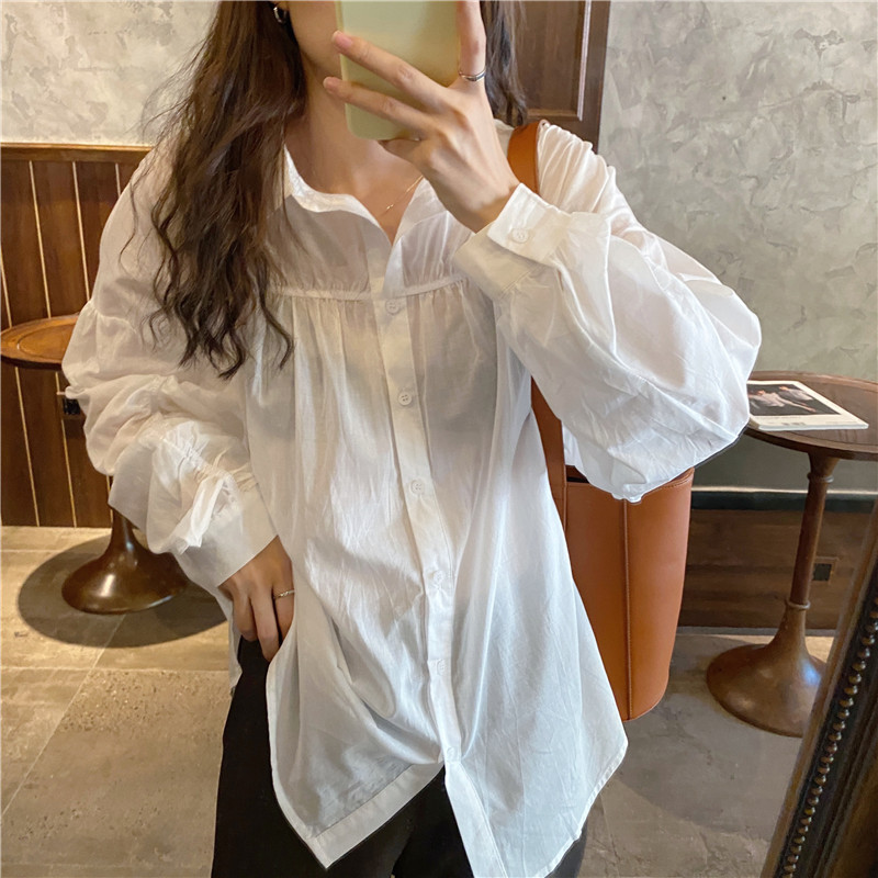 Áo sơ mi dài tay thời trang đơn giản 179077Áo sơ mi tay dài dáng rộng kiểu xếp ly phong cách thời trang hàn quốc | BigBuy360 - bigbuy360.vn