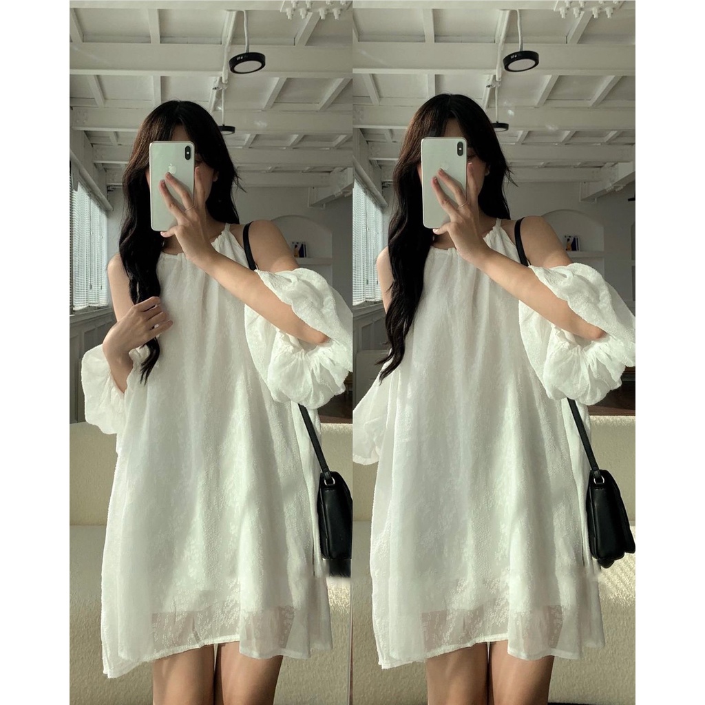 Váy cổ yếm hở vai A40 , đầm trễ vai vải voan 2 lớp dày dặn hot trend, hàng chất lượng- larelia store.