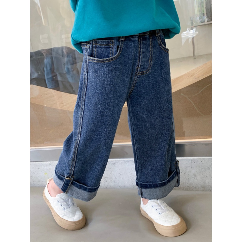 Quần jean ống rộng cho bé gái, quần bò ống xuông gập gấu BKF cá tính cho bé 9-27kg