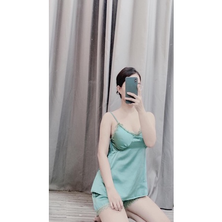 Bộ ngủ lụa satin 2 dây phối viền ren kèm mút ngực quyến rũ