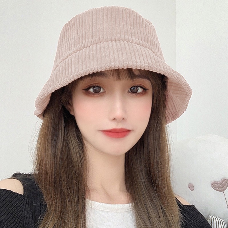 Mũ Bucket Nhung Kẻ Sọc Đơn Sắc Phong Cách Hàn Quốc Ấm Áp