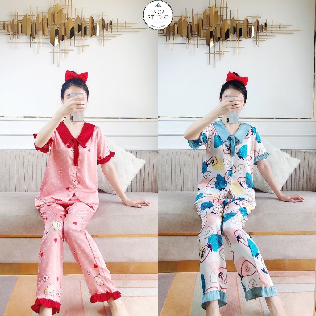 (Xả khoLoại 1-Có Size) Đồ ngủ Pyjama lụa Satin cộc dài họa tiết INCA 14- Chất Lụa thoáng mát, Họa tiết siêu xinh
