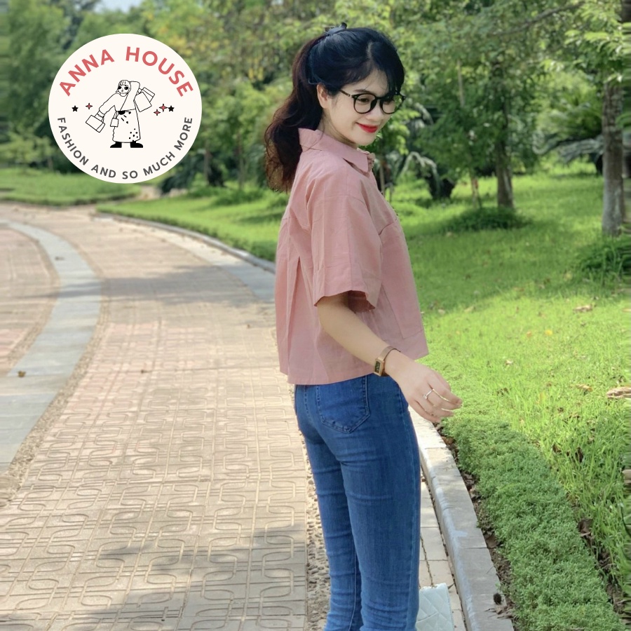 Áo sơ mi nữ cổ đức tay ngắn dáng croptop form rộng chất đũi xước 2 túi dài, áo sơ mi nữ cộc tay gập dáng ngắn croptop