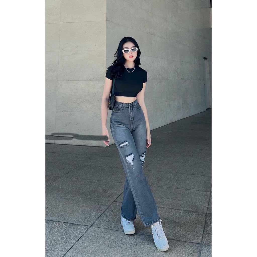 [ RẠNG ĐÔNG ] QUẦN JEANS ỐNG RỘNG NỮ LƯNG CAO RÁCH MẢNG NÚI 2 ĐÙI MÀU XÁM LAI CUỐN MỀM MỊN SIÊU PHONG CÁCH HOT HIT NITI