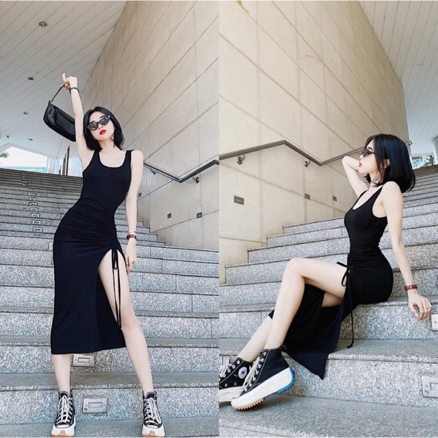 Váy 3 lỗ rút dây chéo (màu đen, xám, xanh ghi) váy body sang chảnh Annastore