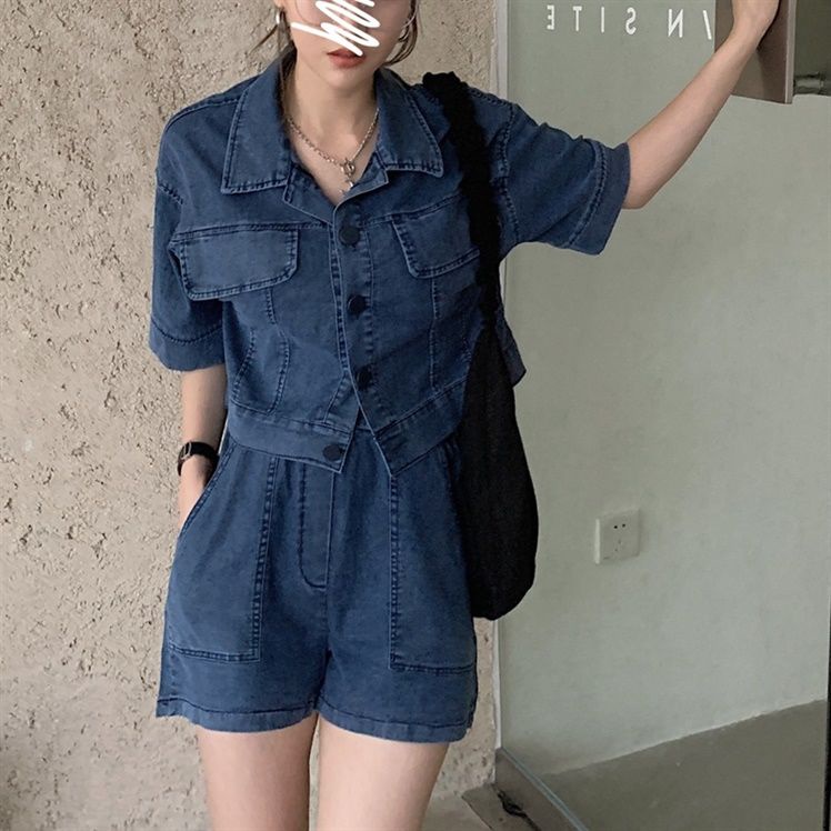 Bộ Áo Khoác Denim Ngắn Tay Dáng Rộng + Quần Short Lưng Cao Thời Trang Hàn Quốc 2022 Dành Cho Nữ