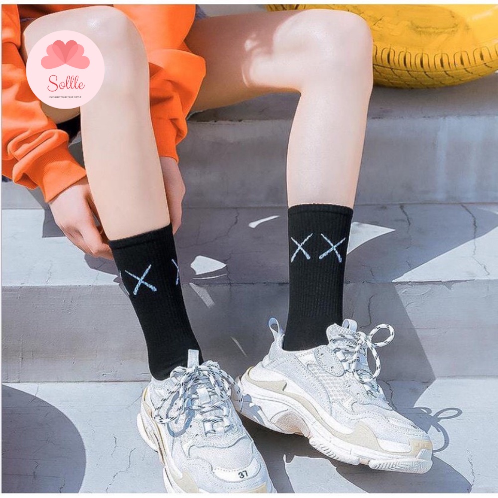 Tất vớ nam nữ cổ cao cổ lửng màu trơn đen trắng basic in chữ XX vải cotton thoáng mát Sollle