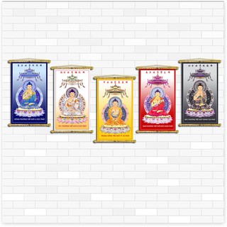 Tranh Liễn Phật Giáo - Bộ Tranh Ngũ Phương Phật - Vải canvas nẹp sáo gỗ , nhiều size , có sẵn phụ kiện treo tranh