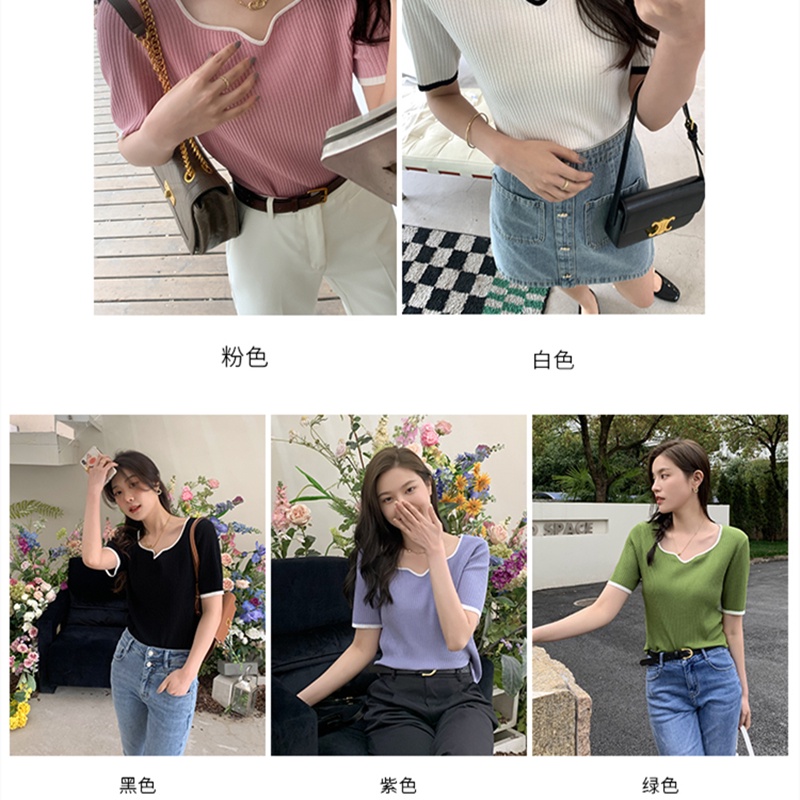 SUXI Áo Dệt Kim Ngắn Tay Màu Sắc Đơn Giản Phong Cách Vintage Dễ Phối Đồ Thời Trang Mùa Hè Cho Nữ