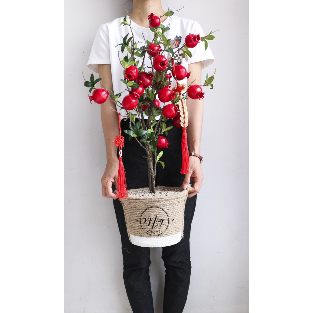 Cây giả, Chậu Lựu giả kèm chậu cói như ảnh cao 80cm
