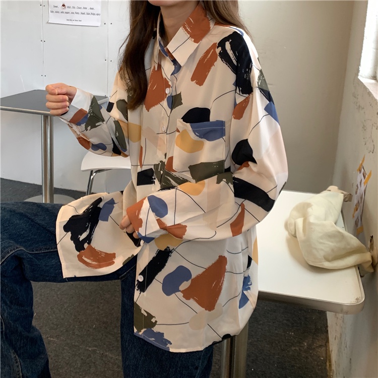 Áo Sơ Mi Dáng Rộng In Họa Tiết Đơn Giản Phong Cách Mùa Thu Mới Cho Nữ