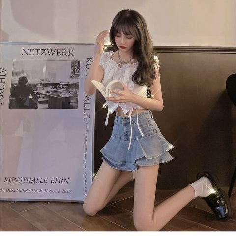 Jiashucheng Hàng Có Sẵn Chân Váy Denim Lưng Cao Xếp Tầng Phong Cách Retro Pháp Mùa Hè Mới Cho Nữ