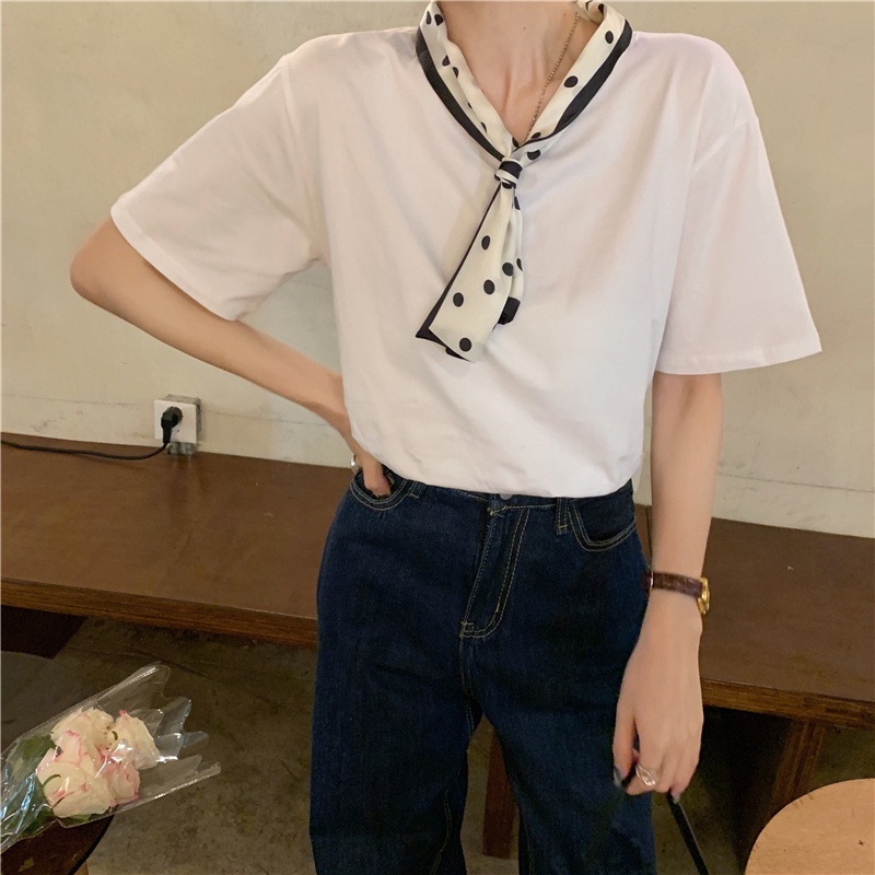 SUXI Áo thun tay ngắn phối khăn choàng lụa thời trang mùa hè dành cho nữ