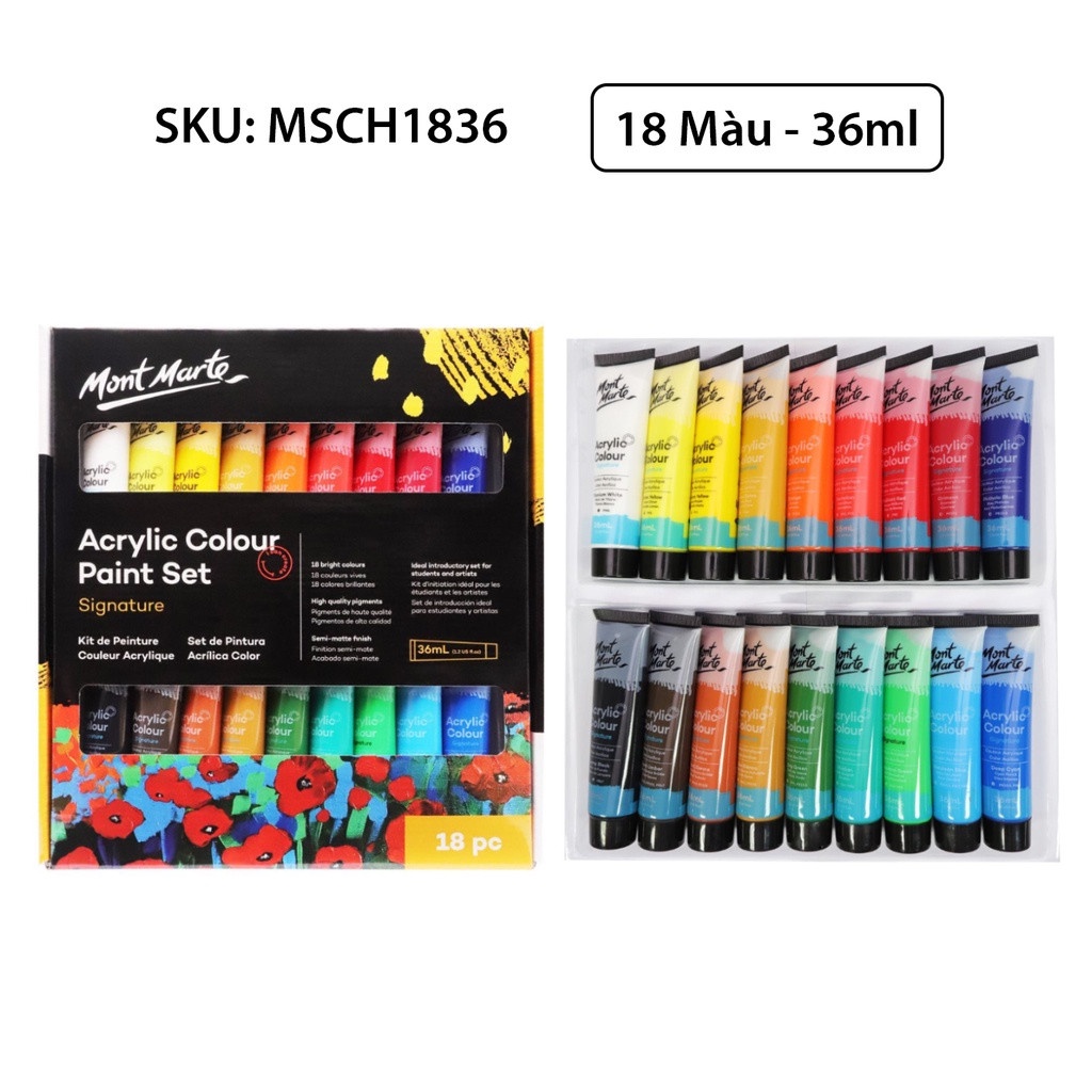 Bộ Màu Acrylic Mont Marte 18/24/36/48 Màu x 36ml (Tặng 1 tập giấy Happy 300gsm A4)