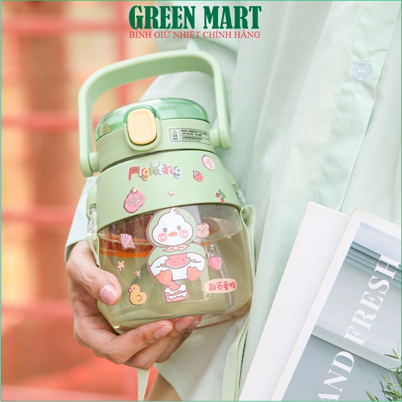 Bình giữ nhiệt inox 304 không gỉ 900ml Sieuthigreenmart, bình đựng nước siêu dễ thương tặng kèm dây đeo MÀU XANH LÁ