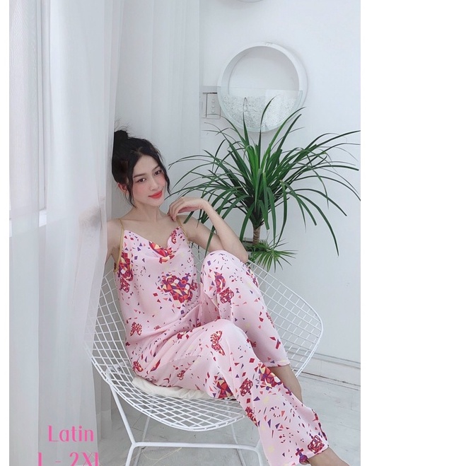 Đồ Ngủ Pijama 2 Dây Lụa Latin Quần Dài Mát-Mềm-Mịn-Không Nhăn, Đồ Bộ Mặc Nhà Bigsize Phong Cách Hàn Quốc