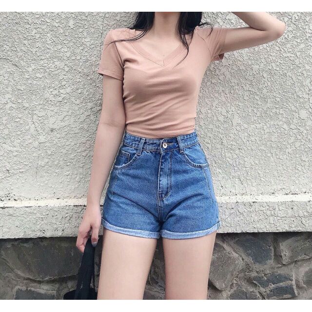 QUẦN SHORT JEANS TRƠN LƯNG CAO (100% ảnh thật)