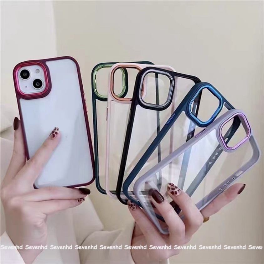 Ốp Điện Thoại Acrylic Chống Sốc Viền Mạ Màu Tím Đậm Cho iPhone 14 13 12 11 Pro Max X XR Xs Max 8 7 6 6s Plus SE 2020