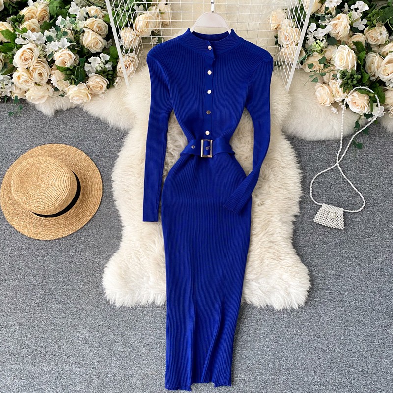 Đầm len cài cúc cổ tàu váy len ôm body gợi cảm có dây lưng