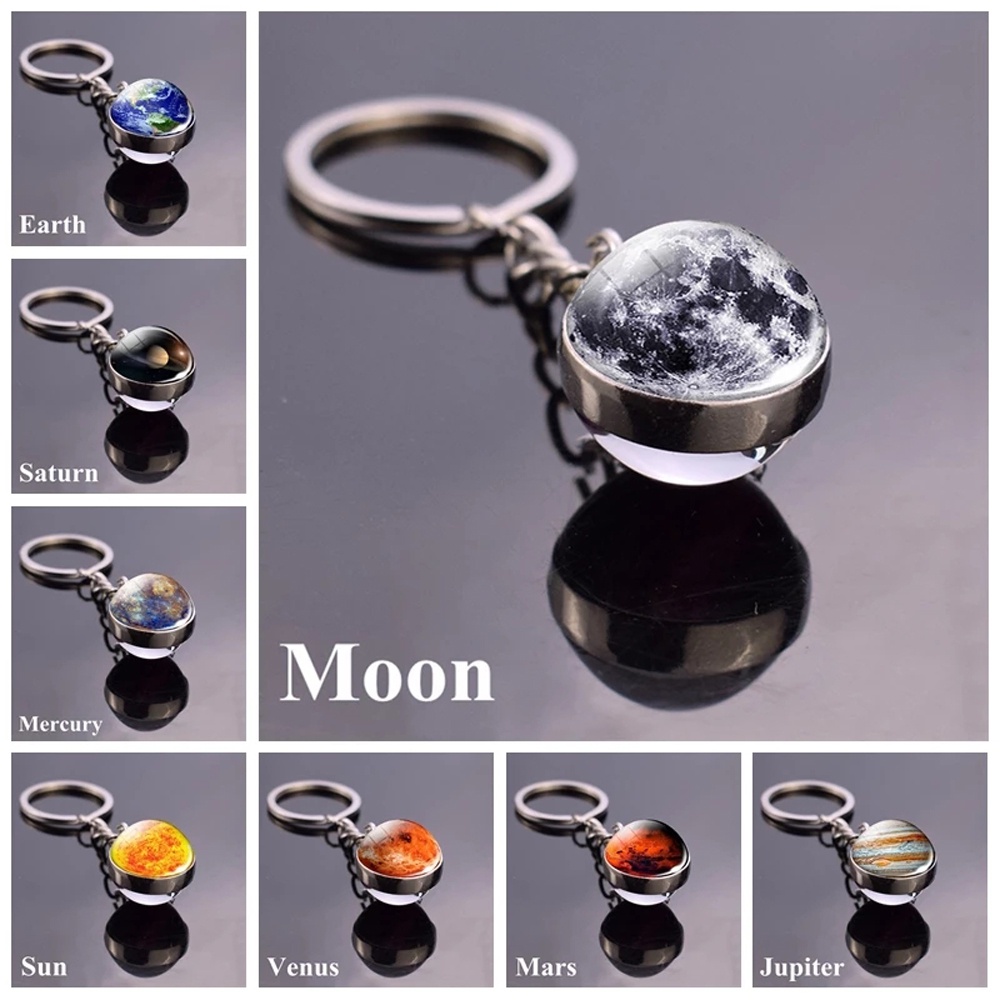 Móc khóa hình quả cầu thủy tinh mặt trăng / mặt trời / hành tinh màu dạ quang độc đáo