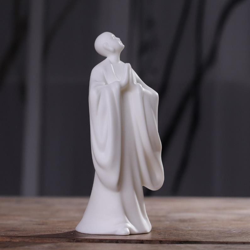 Tượng Vô Danh Bái Phật- Tượng gốm Vo Danh Đại Sư niệm phật- Tượng gốm trắng trang trí tiểu cảnh bonsai phối lũa