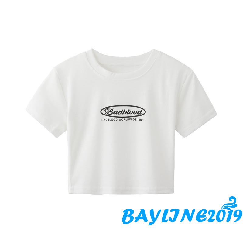 Bay-Women´s Crop Tops, Round Neck Short Sleeve Letter Printed Slim Pullover Short T-Shirt for Young Ladies