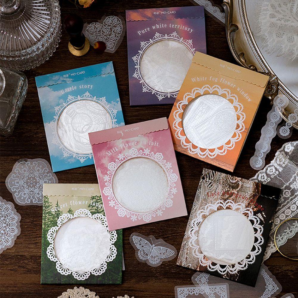 Set 30 Nhãn Dán PET Họa Tiết Ren Trắng Vintage Trang Trí Sổ Tay DIY
