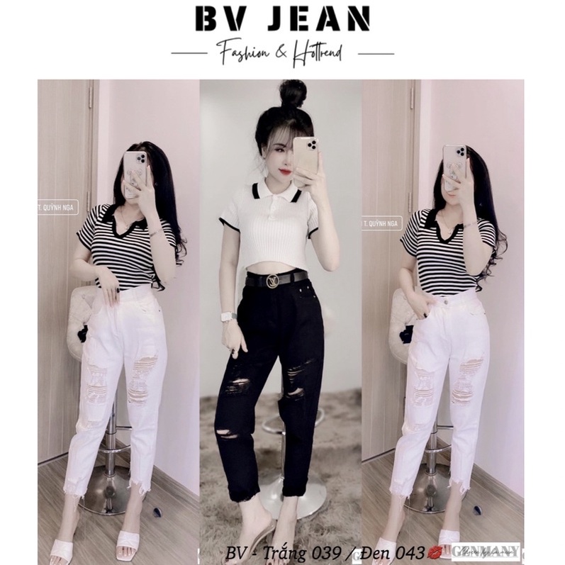 Quần Jean Baggy Nữ Đen Trắng Rách BV JEAN Quần Baggy Nữ Đen Trắng