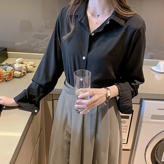 Áo Sơ Mi Tay Dài Dáng Rộng Màu Trơn Thiết Kế Mới Thời Trang Theo Phong Cách Hàn Quốc