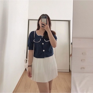 Áo kate cổ tròn viền trắng