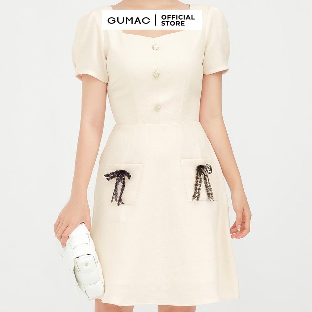 [Mã WABRGU55 giảm 12% đơn 99K] Đầm nữ dáng A đính nơ túi đắp GUMAC cổ vuông tay ngắn thanh lịch DB5122 | BigBuy360 - bigbuy360.vn